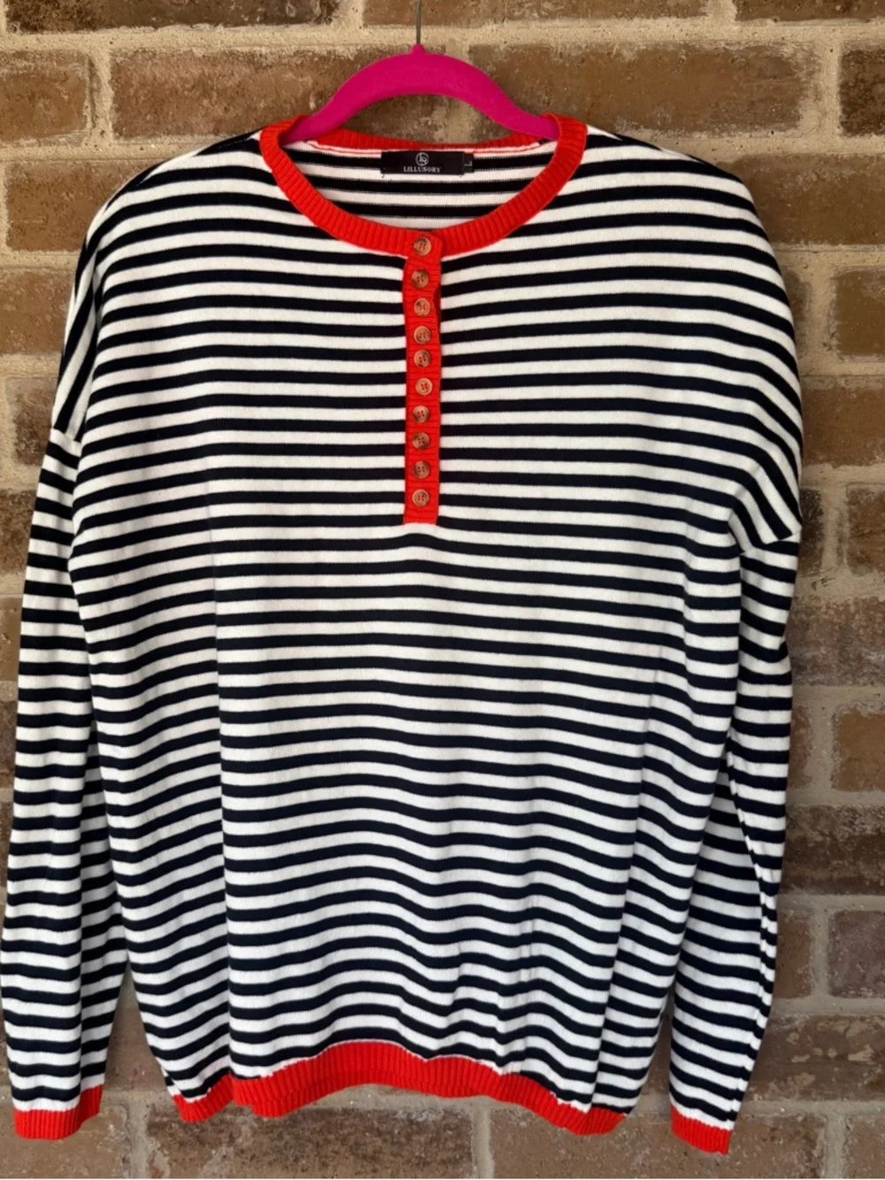 Navy & White Striped Crewneck Sweater with Red Trim
